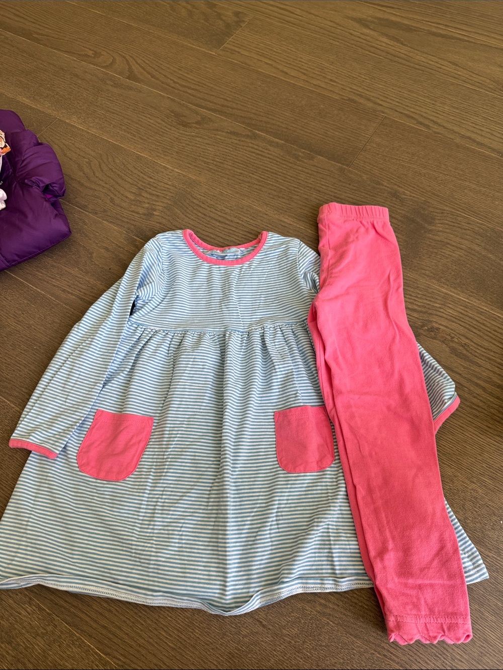 Girls Blue-White Striped Dress Set with Pink Leggings